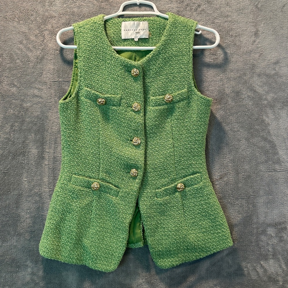 Endless Rose Tweed Vest Women Size S Green Bouclé Gold Button Waistcoat HN2709T